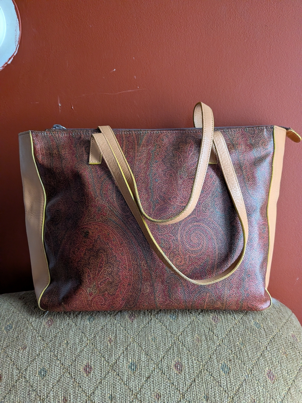 Etro Paisley Leather Tote in Brown and Tan